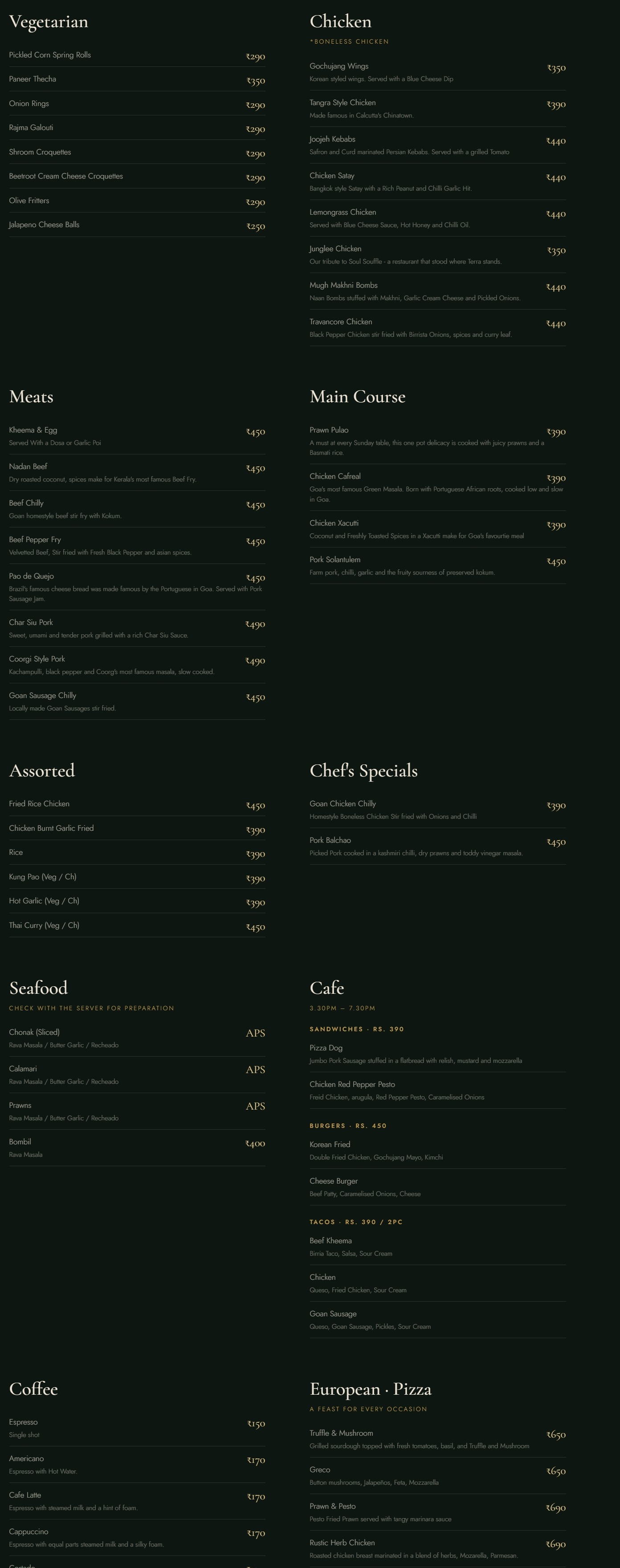 Terra Goa full menu: vegetarian, chicken, meats, main course, seafood, cafe, coffee and pizza